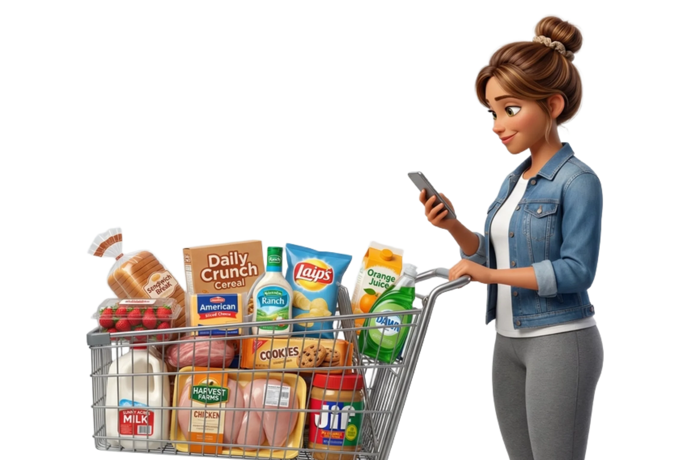 Woman using the SpesaZen app at the supermarket with her shopping cart